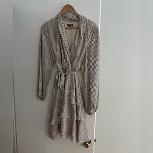 Express Tan Wrap Tie Front Dress with Polka Dots